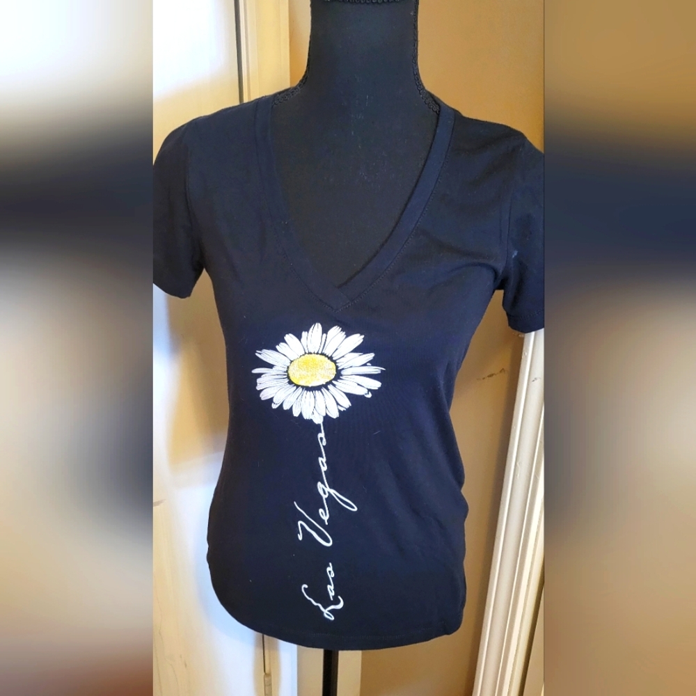 Black V-Neck Las Vegas T-Shirt with Daisy Print, Size Small
